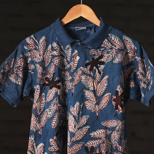 Blue - Bindaas Natural Dyed Art Block Print Polo Collar T-shirt in Pure Cotton