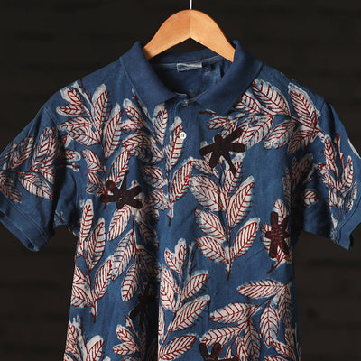 Blue - Bindaas Natural Dyed Art Block Print Polo Collar T-shirt in Pure Cotton