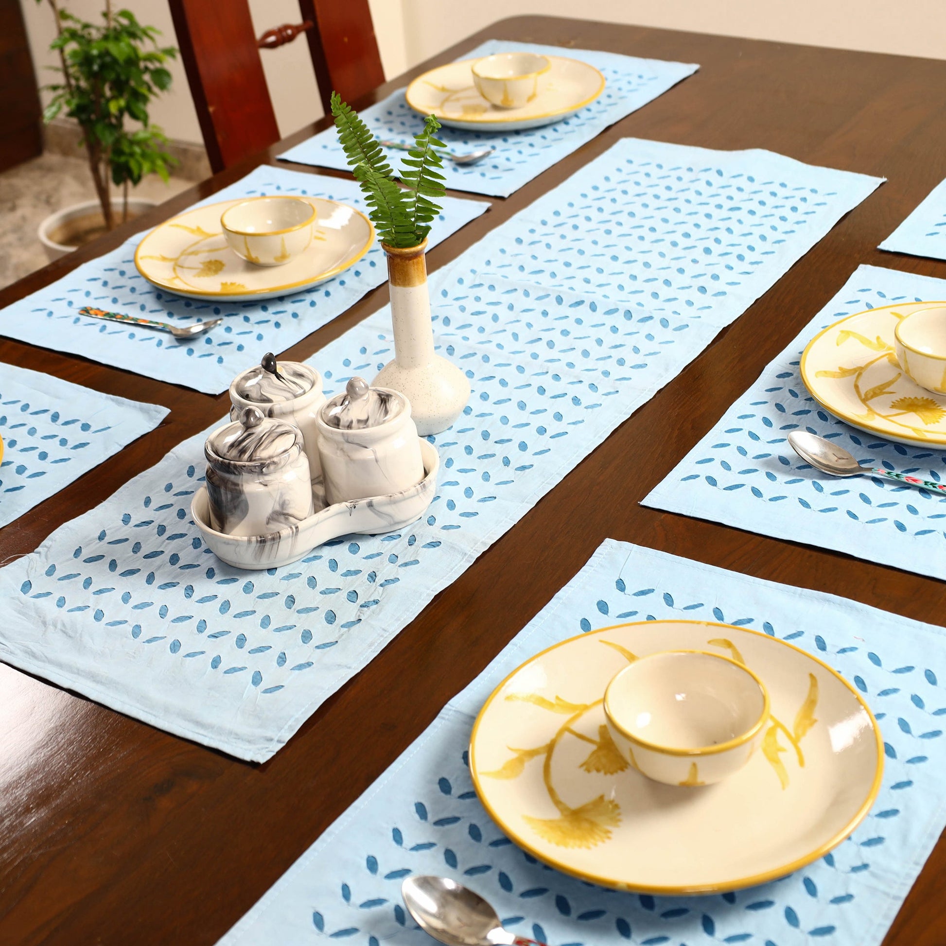 Blue - Applique Cut Work Table Runner with Table Mat Set 51