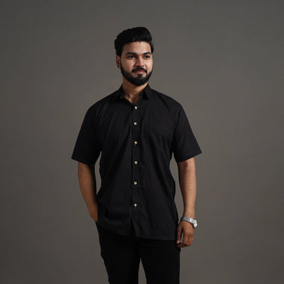 Black - Plain Cotton Men Half Sleeve Shirt 06