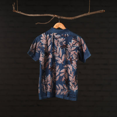 Blue - Bindaas Natural Dyed Art Block Print Polo Collar T-shirt in Pure Cotton
