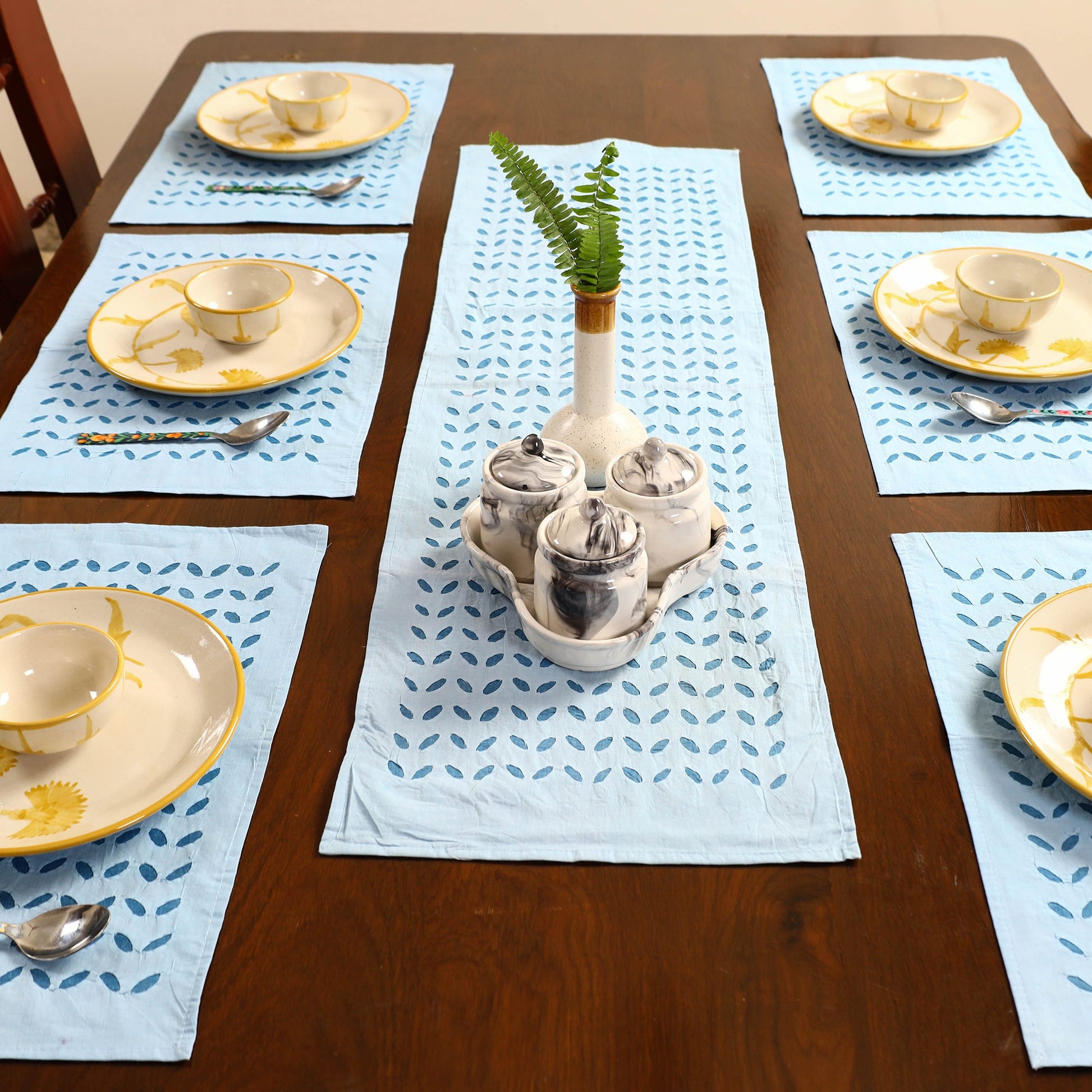 Blue - Applique Cut Work Table Runner with Table Mat Set 51