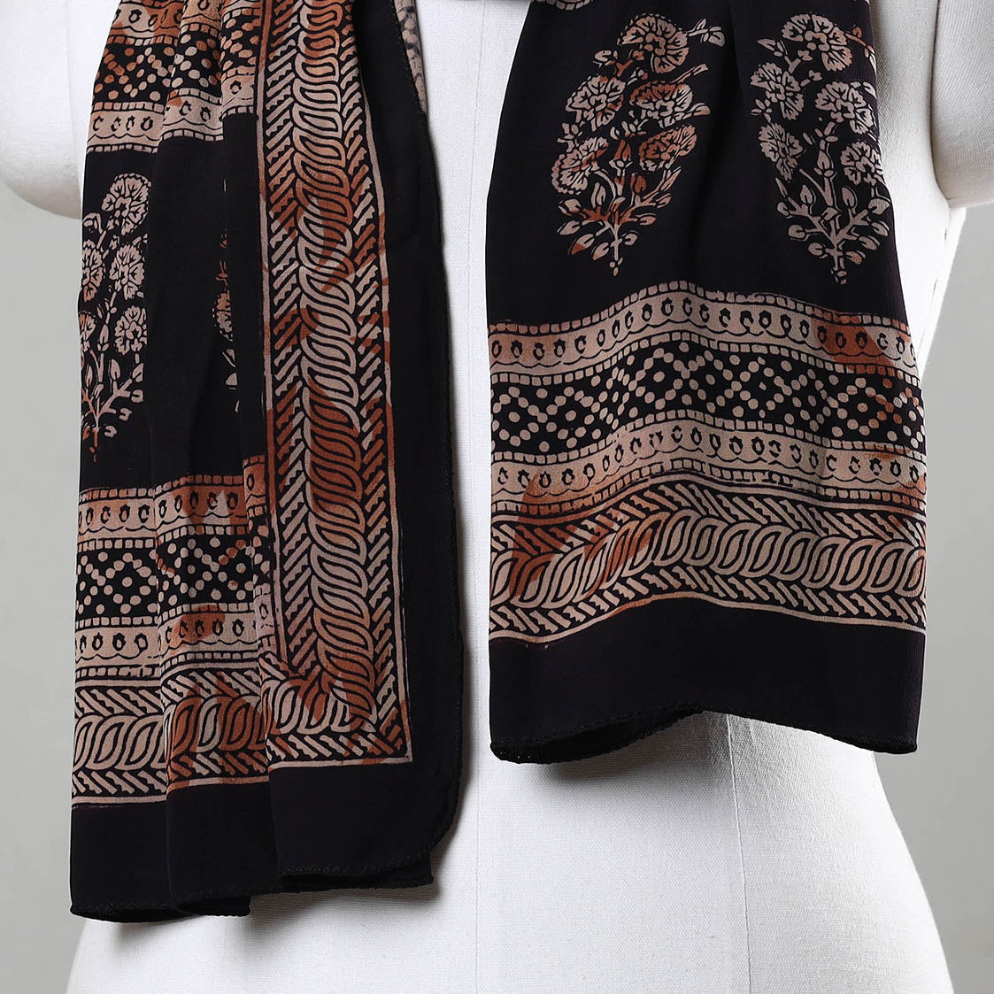 Black - Bagh Hand Block Printed Crepe Silk Stole