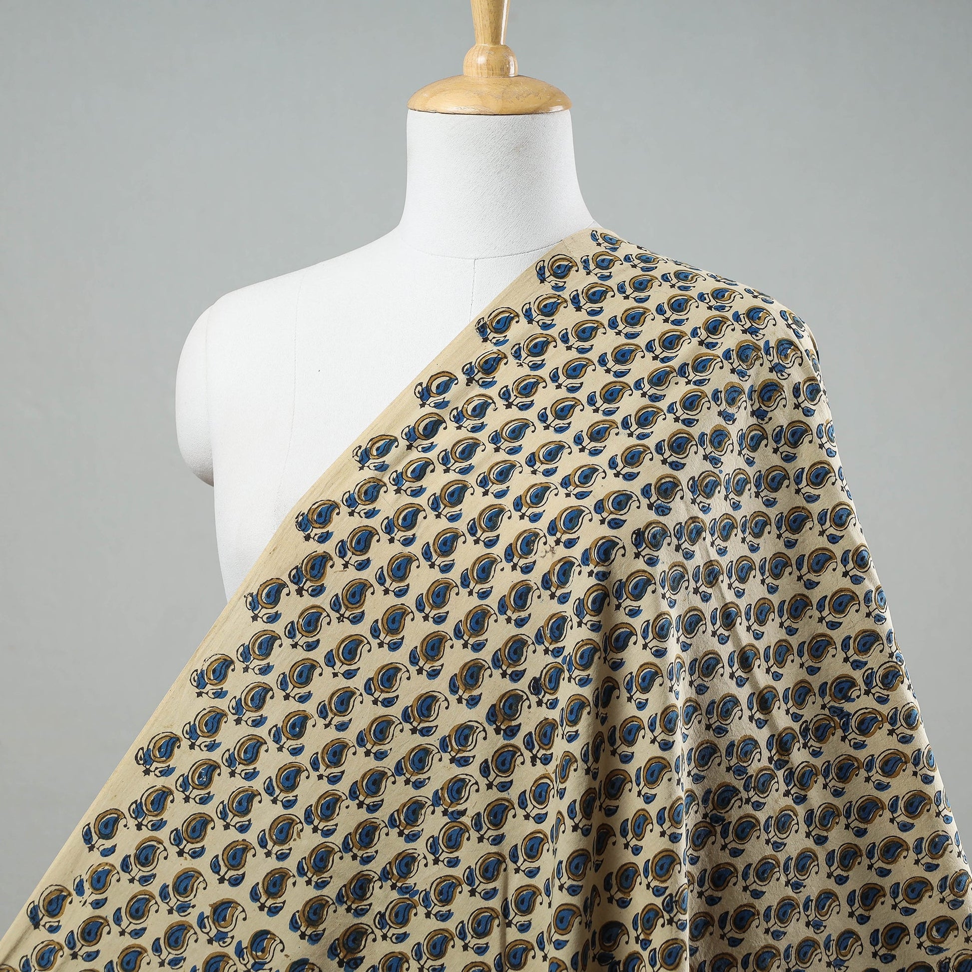 Beige - Paisley Design Ajrakh Hand Block Printed Cotton Fabric
