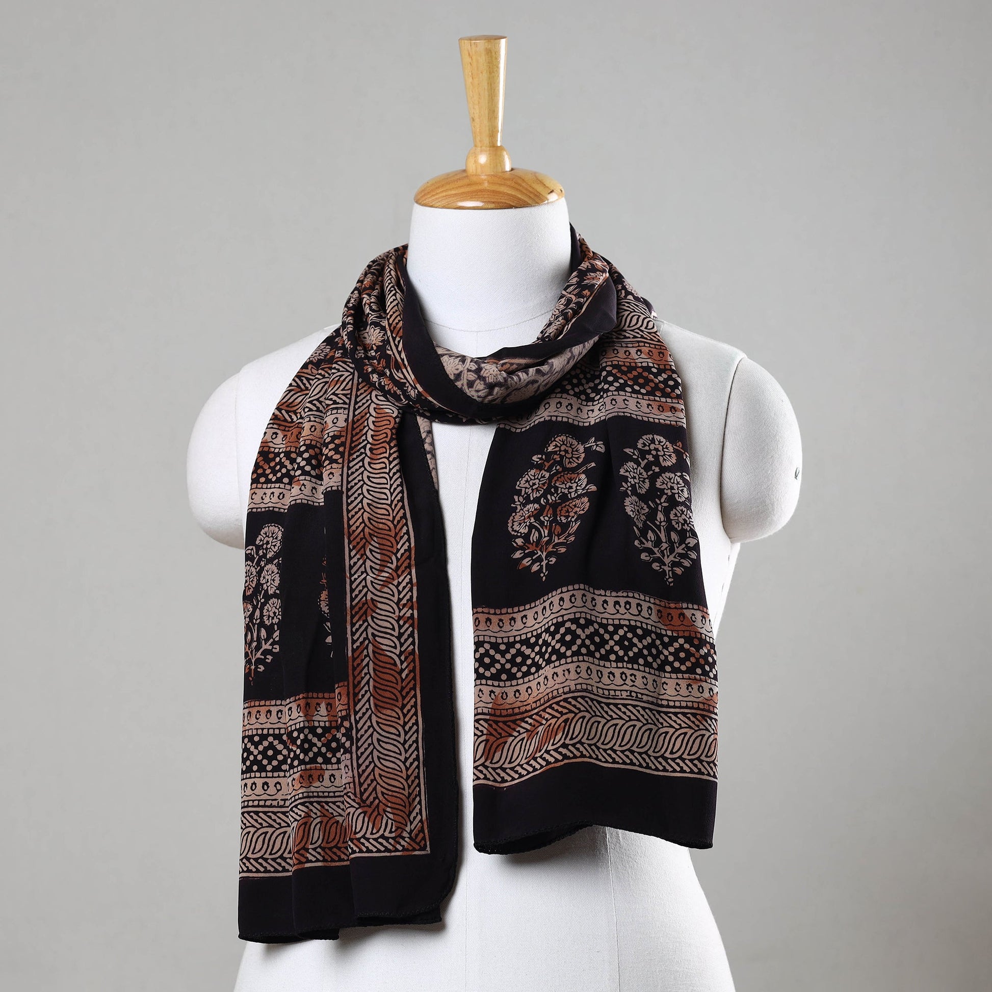 Black - Bagh Hand Block Printed Crepe Silk Stole