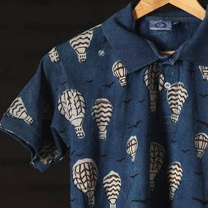 Blue - Bindaas Natural Dyed Art Block Print Polo Collar T-shirt in Cotton