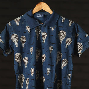 Blue - Bindaas Natural Dyed Art Block Print Polo Collar T-shirt in Cotton
