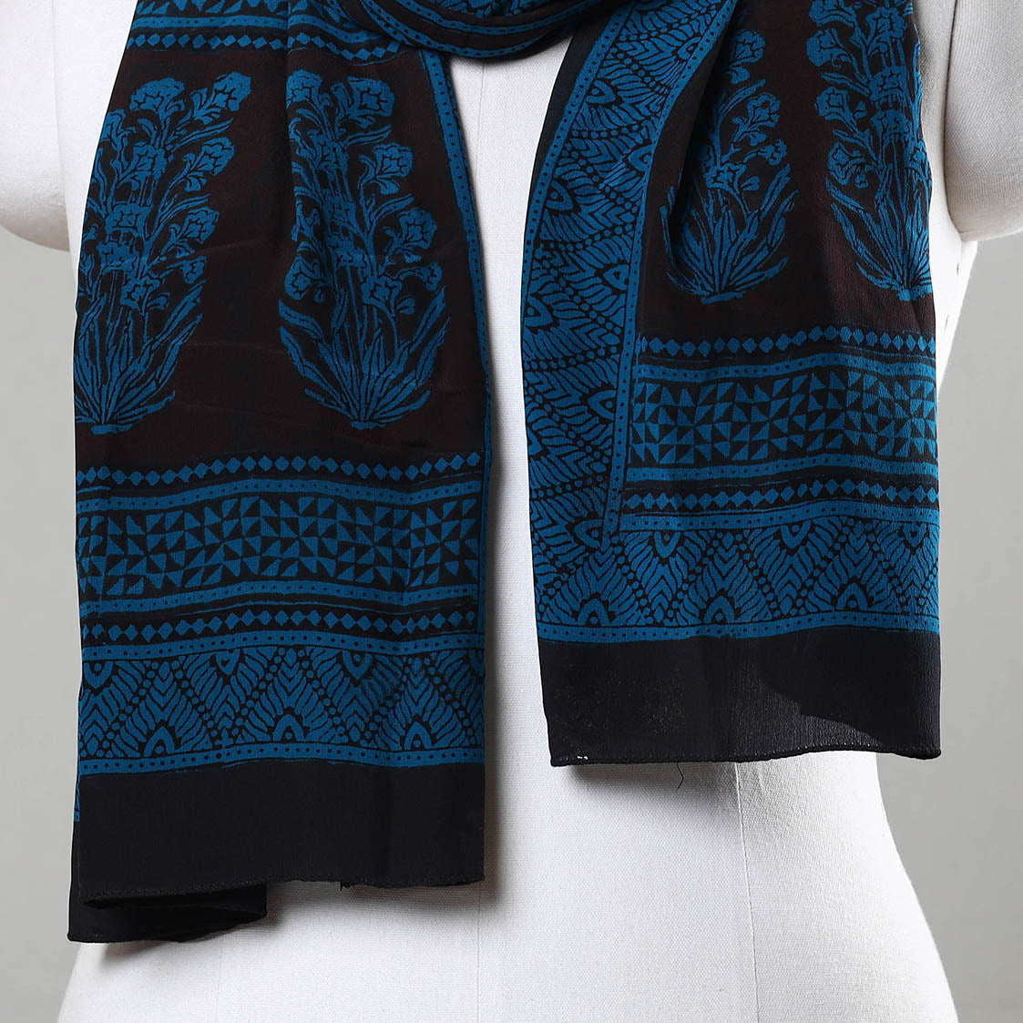 Blue - Bagh Hand Block Printed Crepe Silk Stole