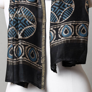Black - Pipad Block Printed Chanderi Silk Handloom Stole