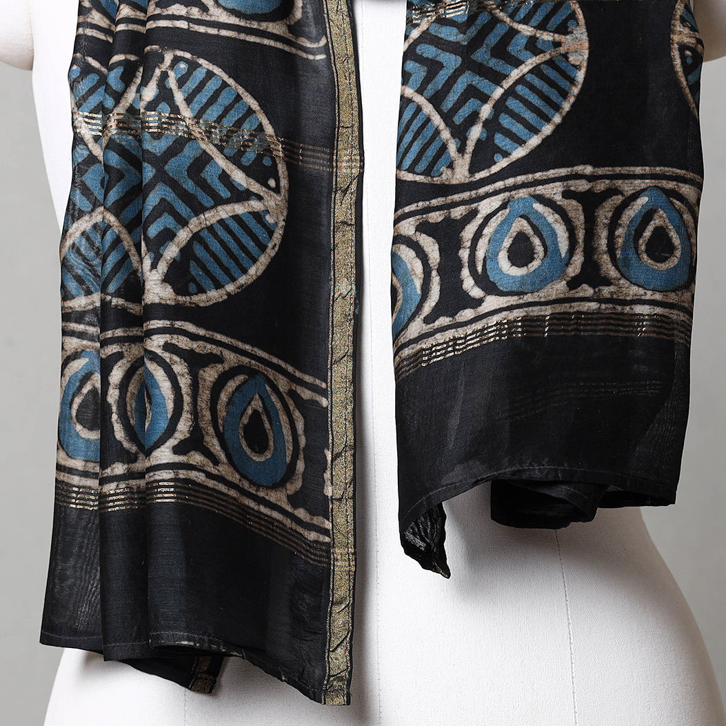 Black - Pipad Block Printed Chanderi Silk Handloom Stole