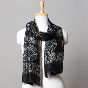 Black - Pipad Block Printed Chanderi Silk Handloom Stole