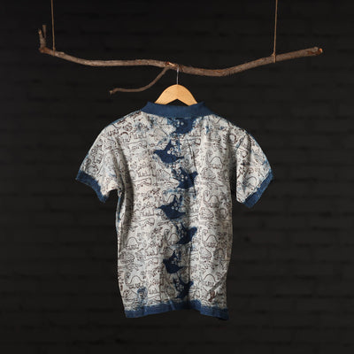 Beige - Bindaas Natural Dyed Art Block Print Polo Collar T-shirt in Cotton