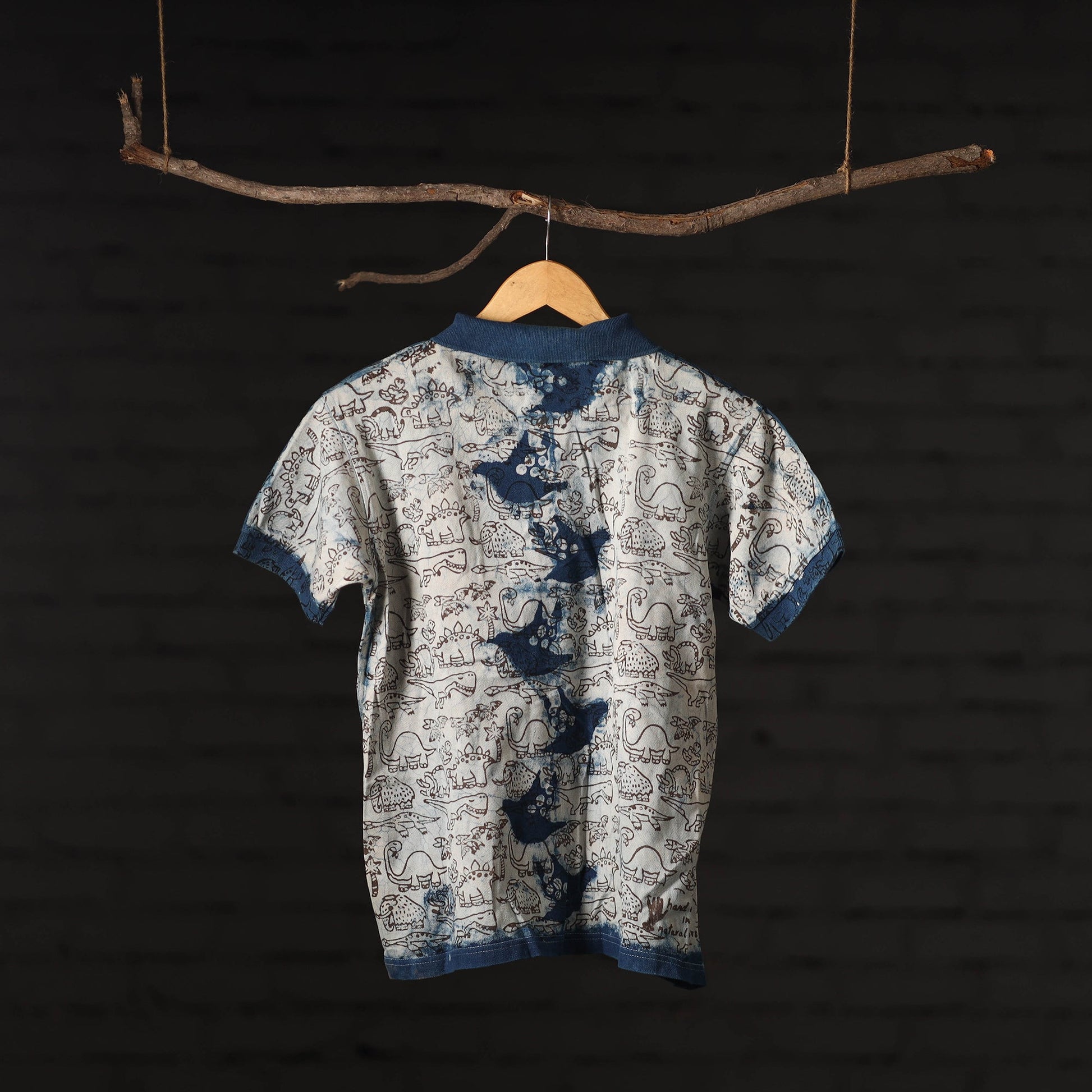 Beige - Bindaas Natural Dyed Art Block Print Polo Collar T-shirt in Cotton