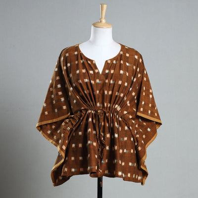 Brown - Ikat Weave Cotton Kaftan with Tie-Up Waist (Short)