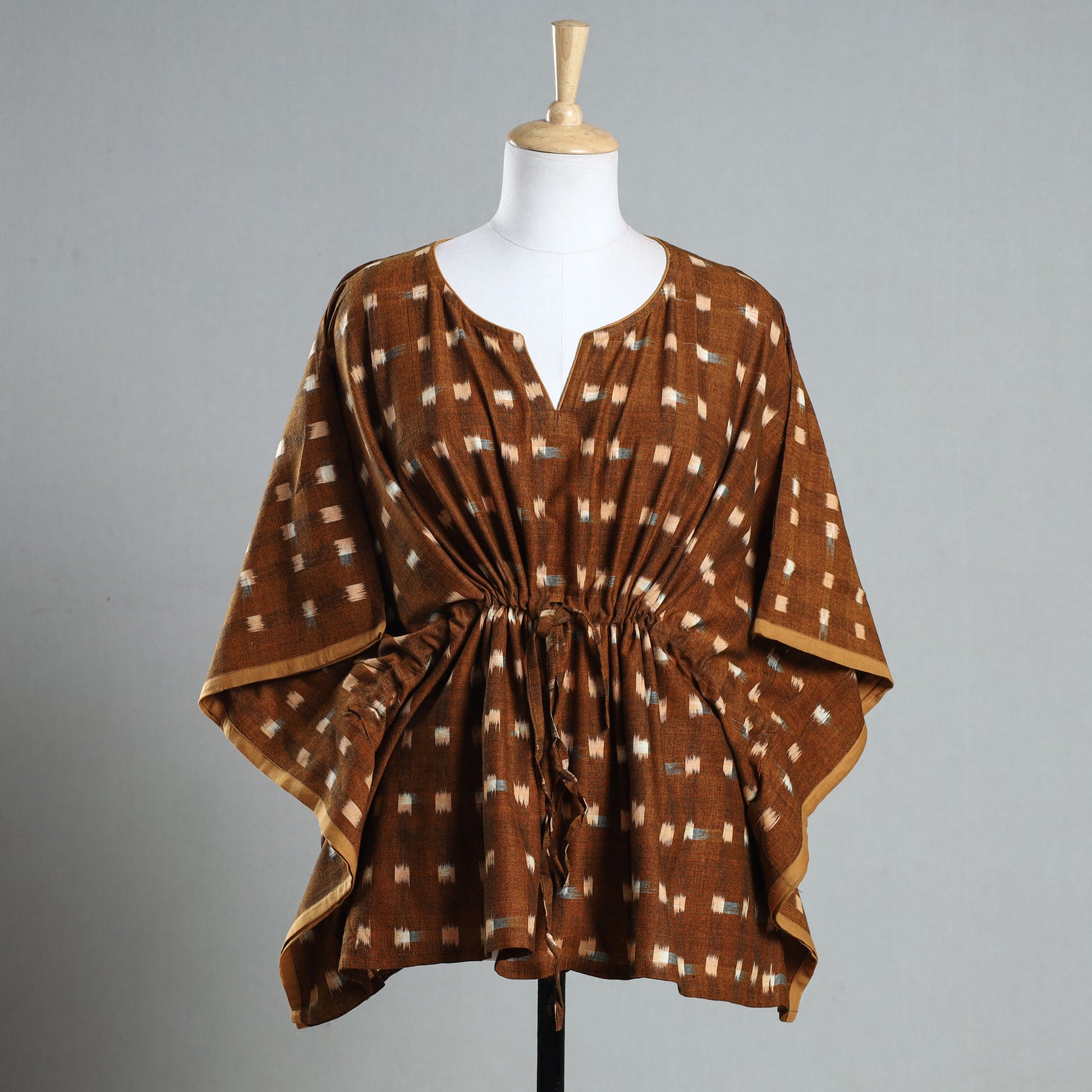 Brown - Ikat Weave Cotton Kaftan with Tie-Up Waist (Short)