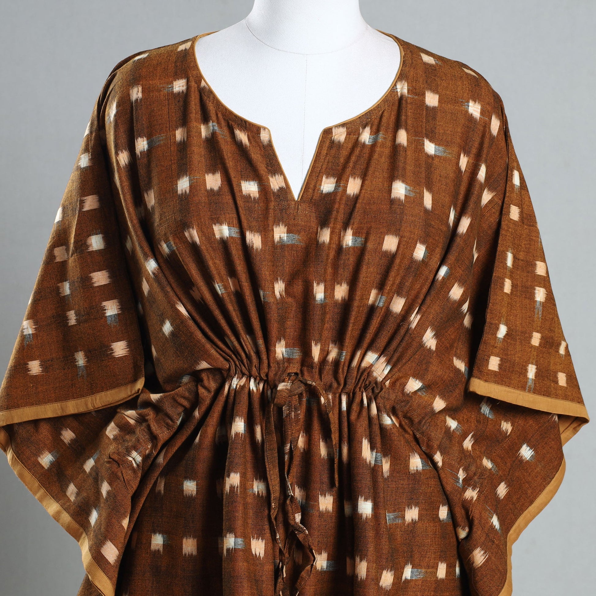 Brown - Ikat Weave Cotton Kaftan with Tie-Up Waist (Short)