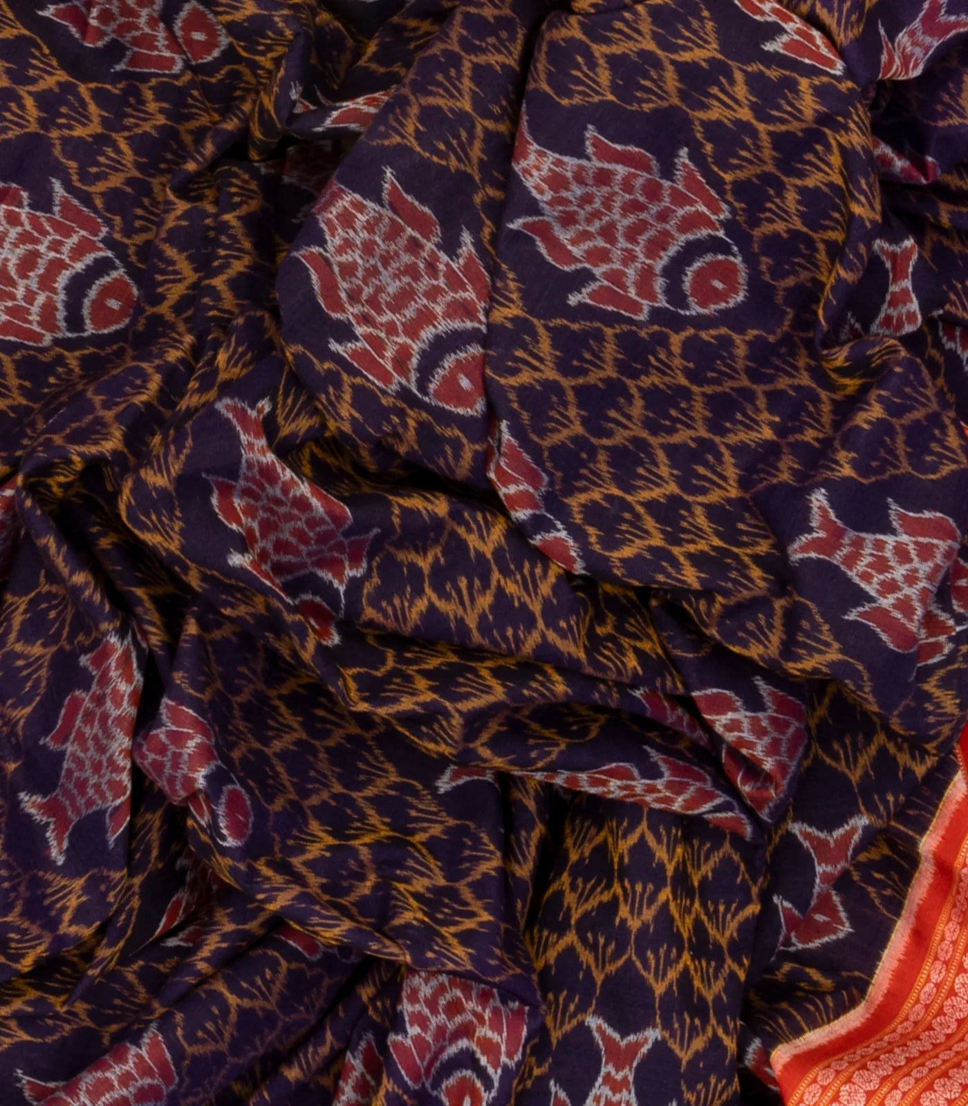 Violet Handloom Orissa Cotton Saree With Tie & Dye Fish Motifs