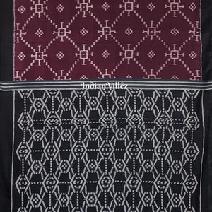 Dark Maroon with Black Pasapali inspired Contemporary Odisha Ikat Silk Saree
