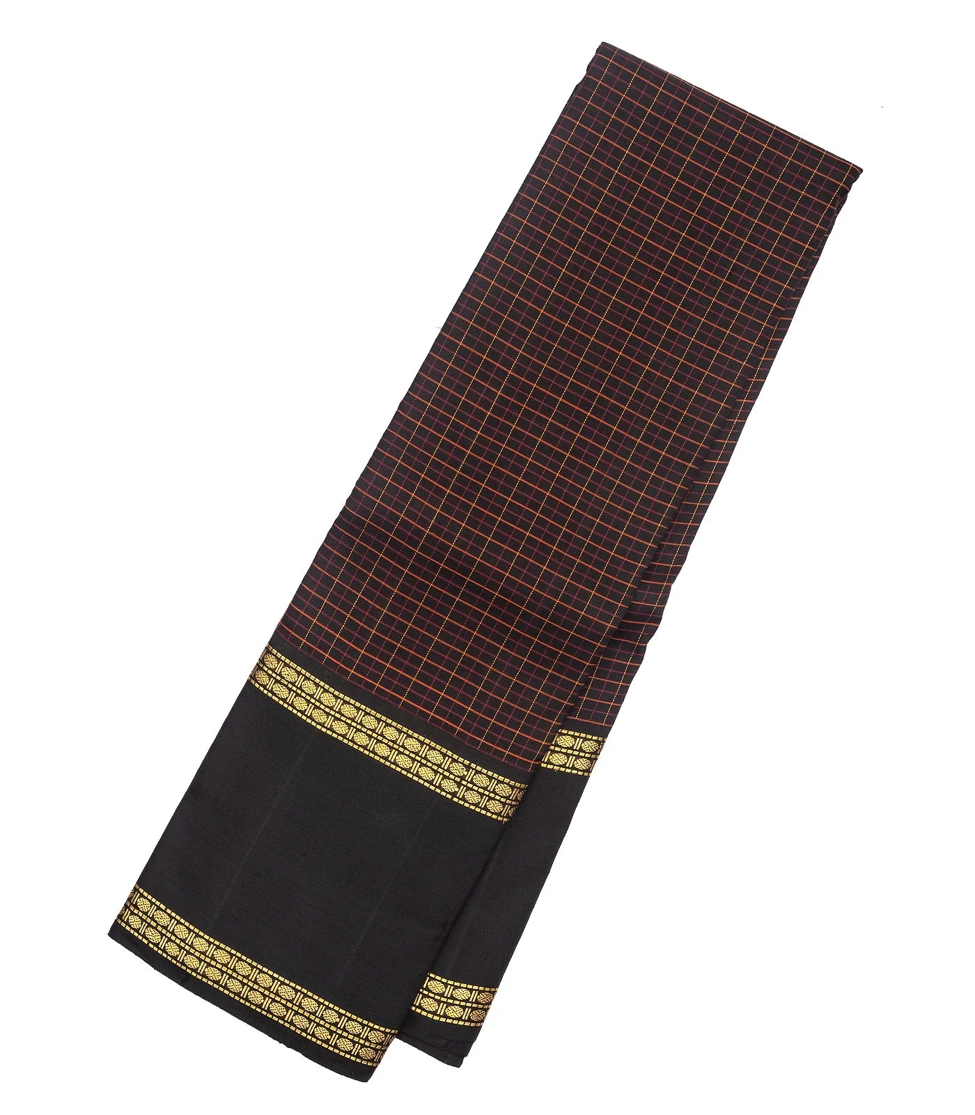 Black Handloom Kanchipuram Silk Saree With Silk Checks