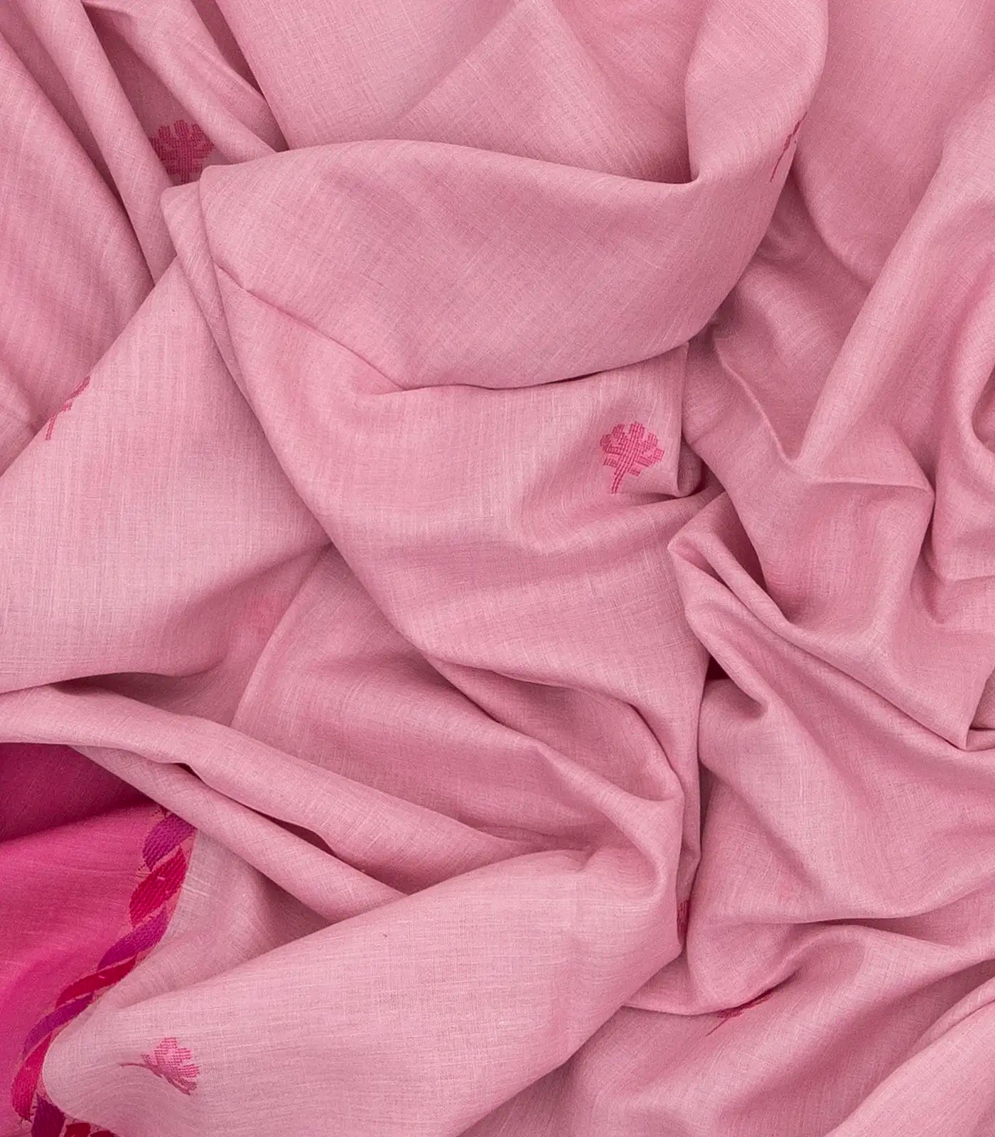 BubbleGum Pink Handloom Bengal Cotton Saree And Pink Border