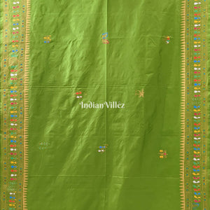 Parrot Green Tribal & Konark Template Pattachitra Saree