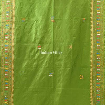 Parrot Green Tribal & Konark Template Pattachitra Saree