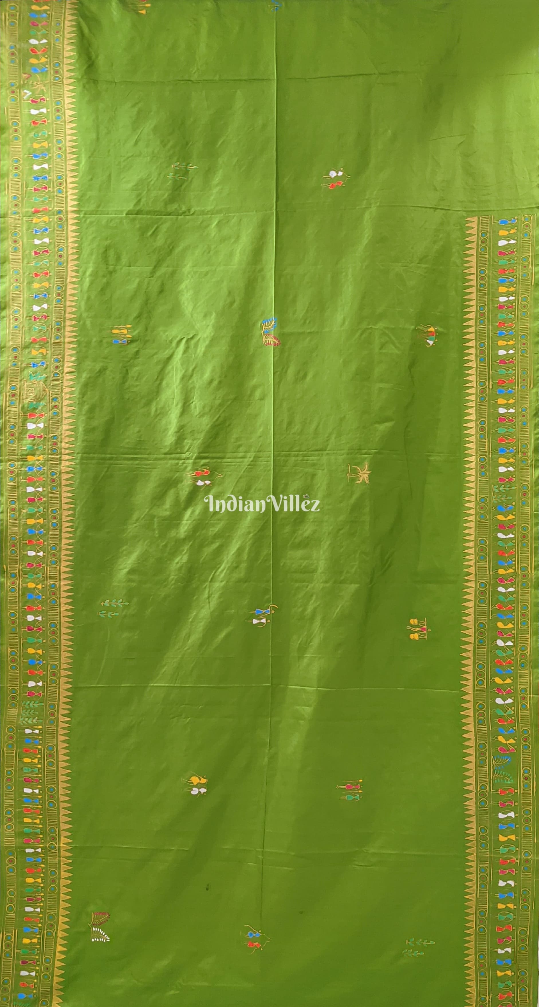Parrot Green Tribal & Konark Template Pattachitra Saree