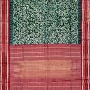 Green Handloom Printed Tussar Silk Saree With Floral Motifs-Green