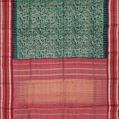 Green Handloom Printed Tussar Silk Saree With Floral Motifs-Green