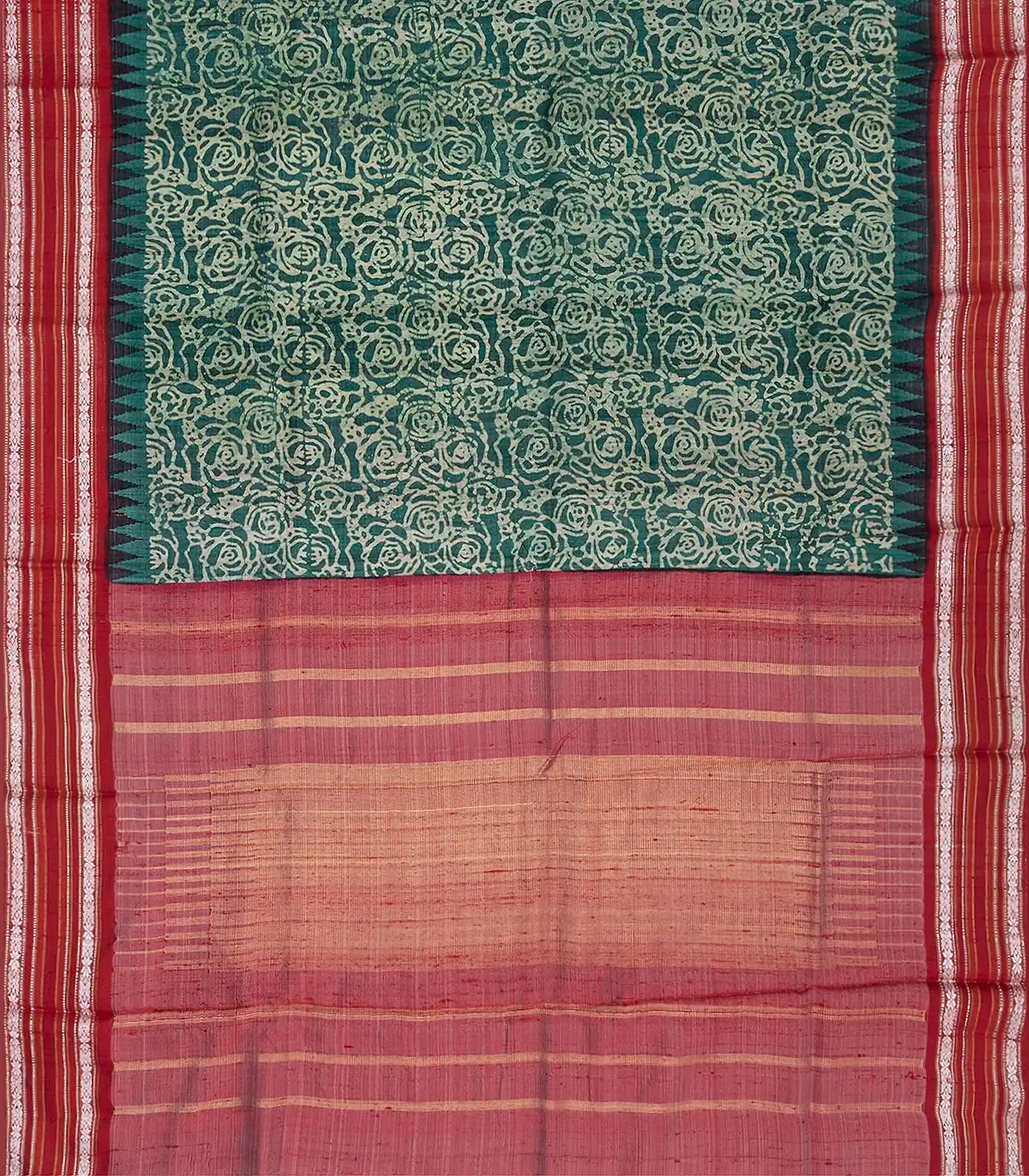 Green Handloom Printed Tussar Silk Saree With Floral Motifs-Green