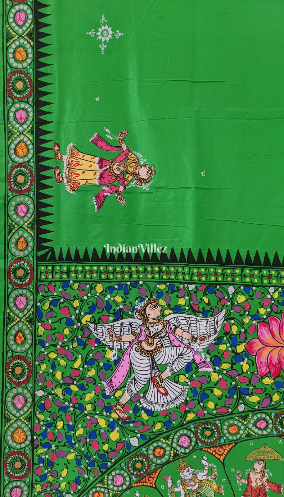Parrot Green Dashavatara with Krishna Rasa Leela Theme Pattachitra Saree