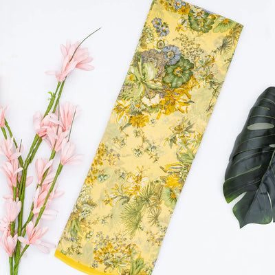 Yellow Woven Digital Printed Georgette Silk Saree With Floral Motifs