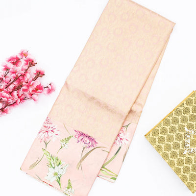 Light Peach Handloom Kanchipuram Silk Saree With Printed Border and Pallu