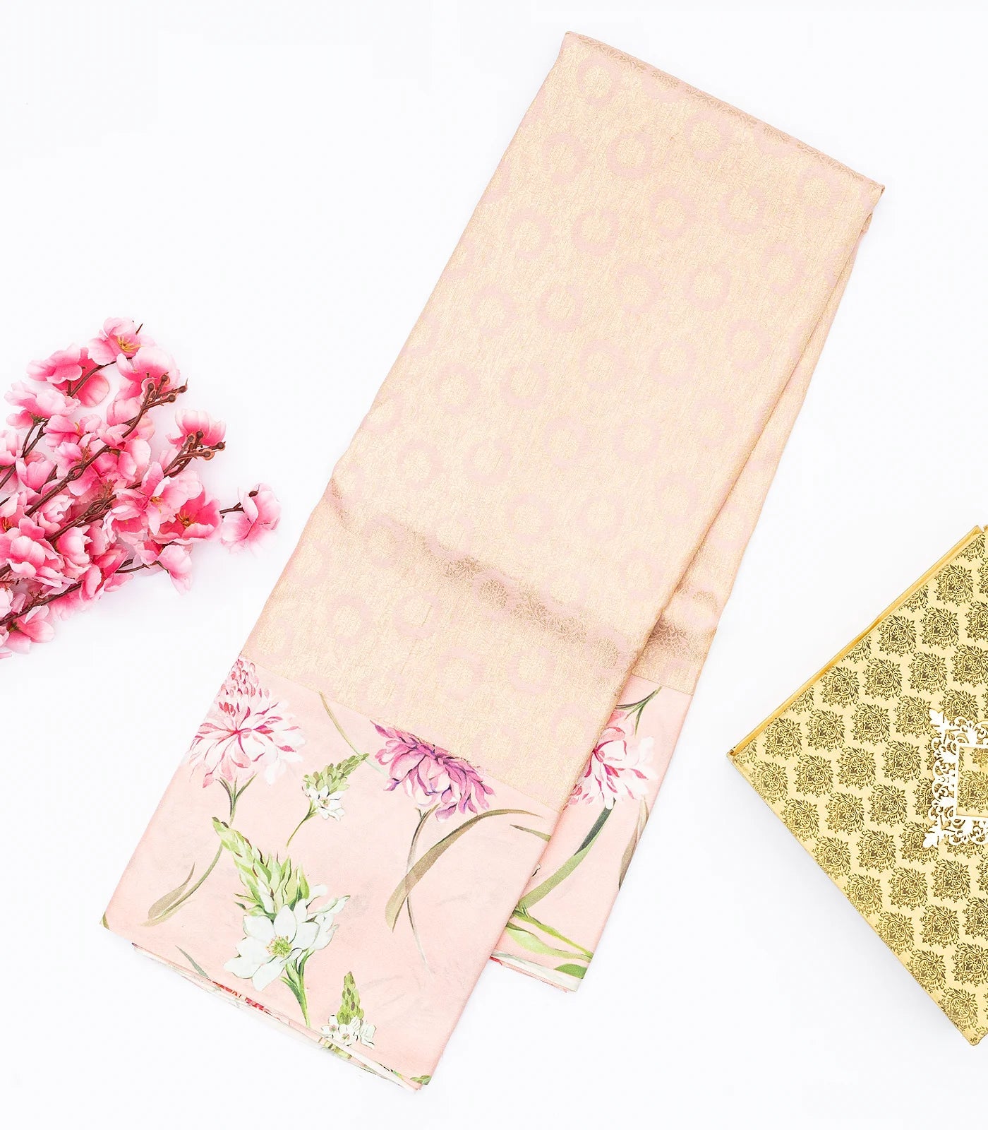 Light Peach Handloom Kanchipuram Silk Saree With Printed Border and Pallu