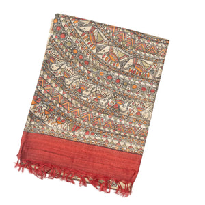 Taupe Handloom Tussar Silk Saree With Printed Red Floral Motifs
