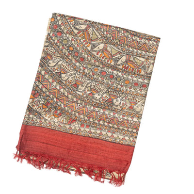 Taupe Handloom Tussar Silk Saree With Printed Red Floral Motifs