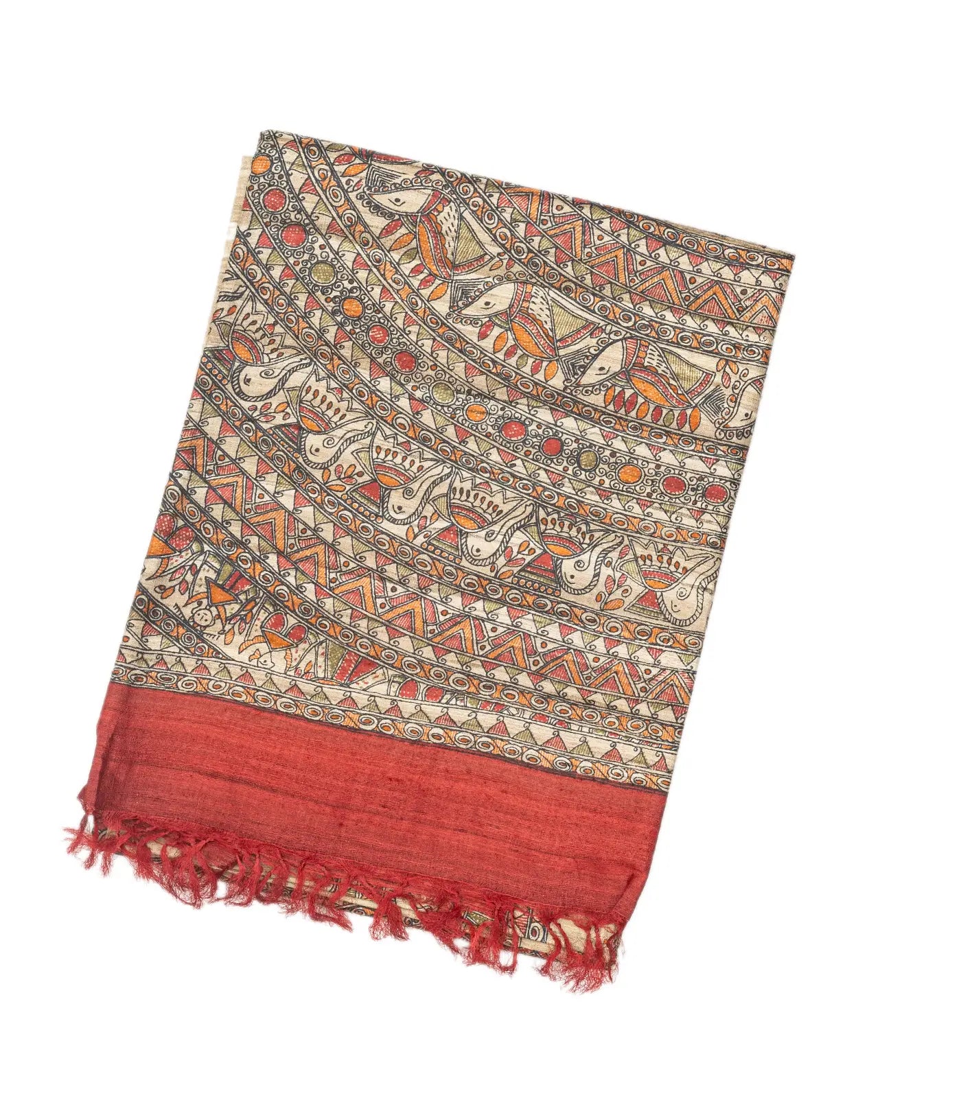 Taupe Handloom Tussar Silk Saree With Printed Red Floral Motifs