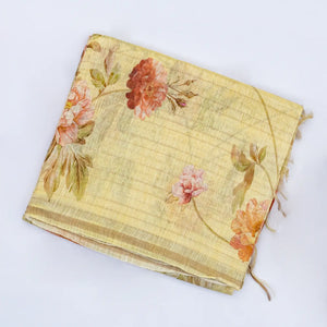 Yellow Handloom Linen Saree With Printed Floral Motifs & Stripes