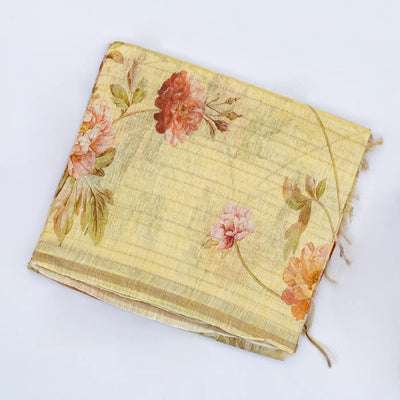 Yellow Handloom Linen Saree With Printed Floral Motifs & Stripes