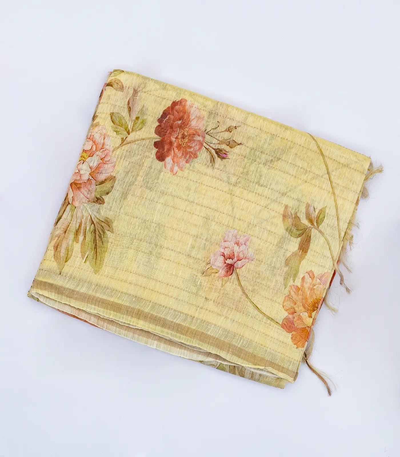 Yellow Handloom Linen Saree With Printed Floral Motifs & Stripes