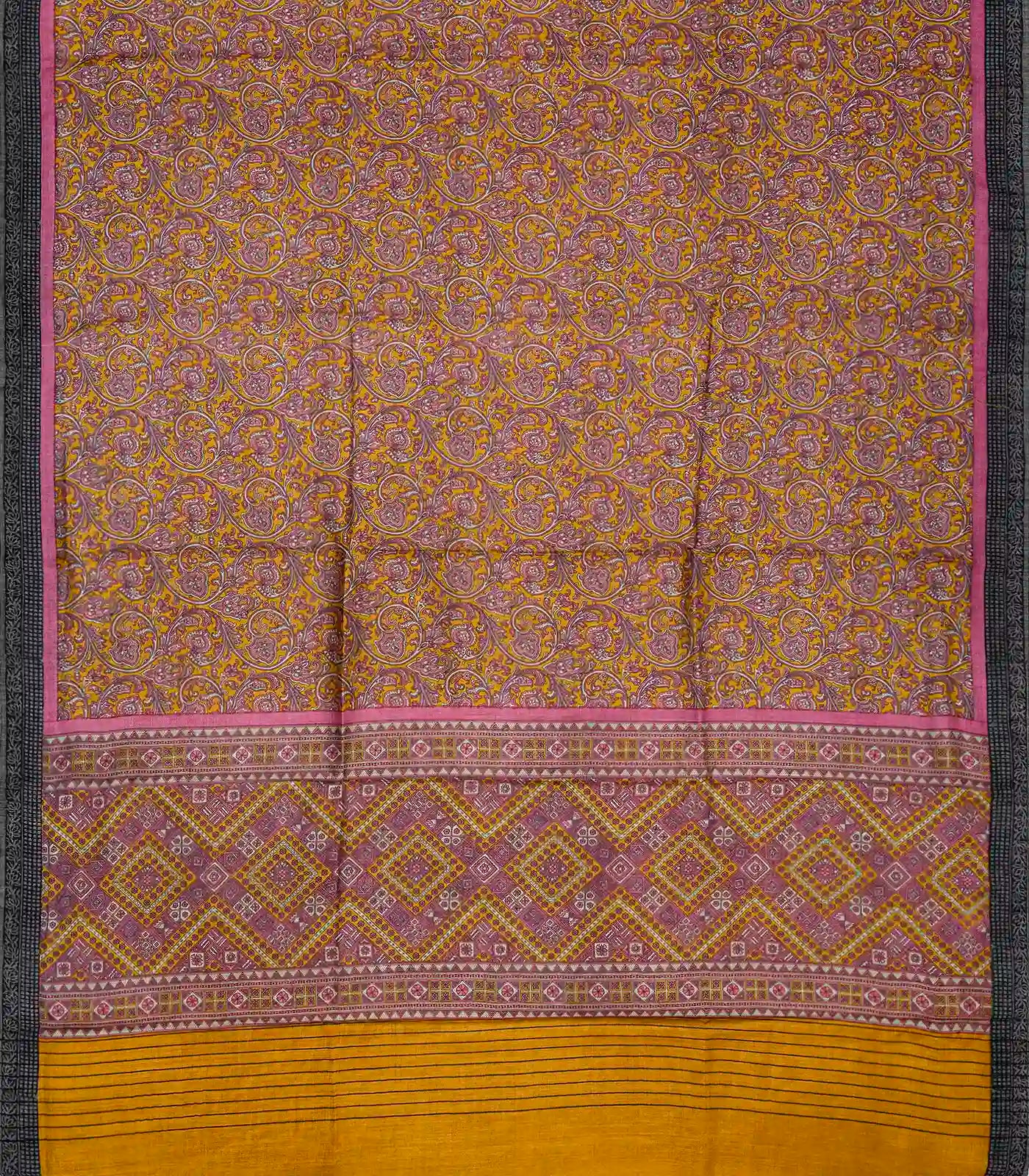 Mustard Handloom Tussar Silk Saree Printed With Flower Motifs