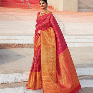 Pink Handloom Kanchipuram Silk Saree With Checks & Kamalam Motifs