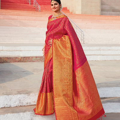 Pink Handloom Kanchipuram Silk Saree With Checks & Kamalam Motifs