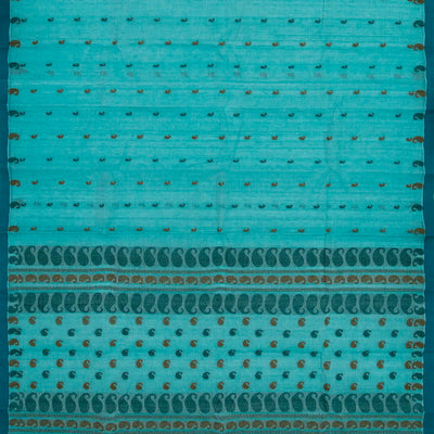 Cyan Bengal Cotton Saree With Mango Motifs