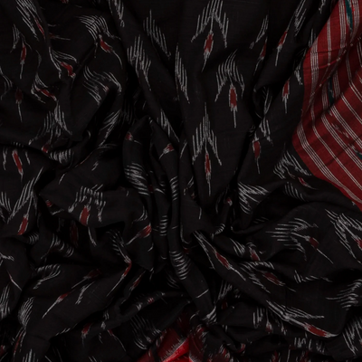 Black Orissa Cotton Saree With Tie & Dye Motifs & Contrast Red Border