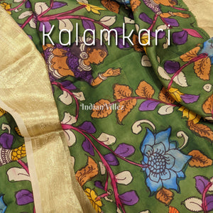 Multicolour Hand Painted Kanjivaram Silk Kalamkari Saree