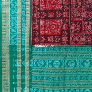 Wine Pine Green Lotus & Kalas Sambalpuri Silk Saree with Fish Motif in Border