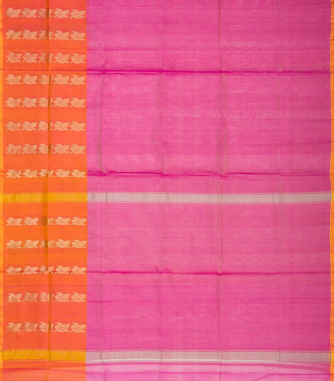 Pink Handloom Uppada Plain Silk Saree With Floral Motifs in Orange Border