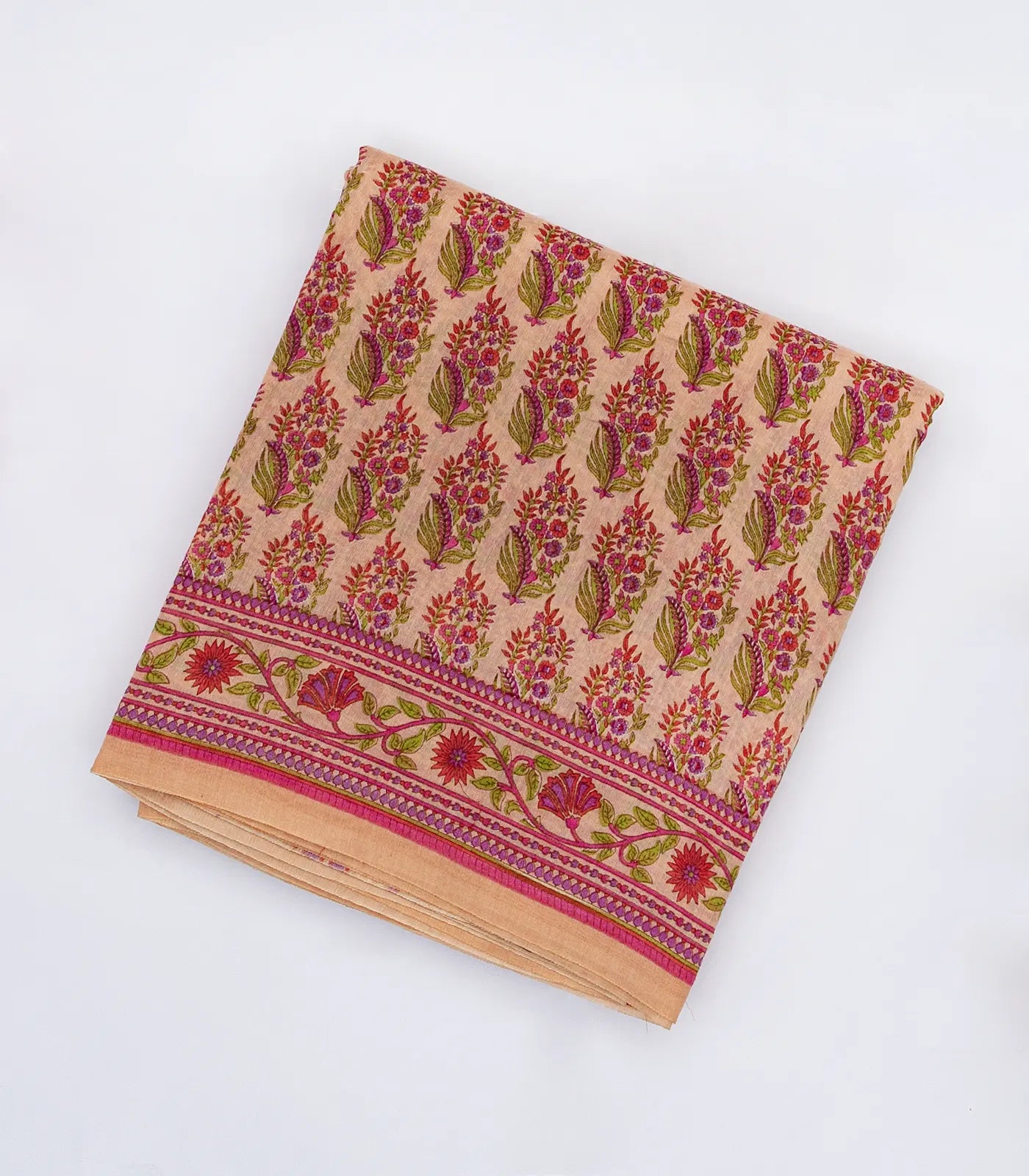 Light Peach Handloom Chanderi Cotton Saree With Printed Floral Motifs