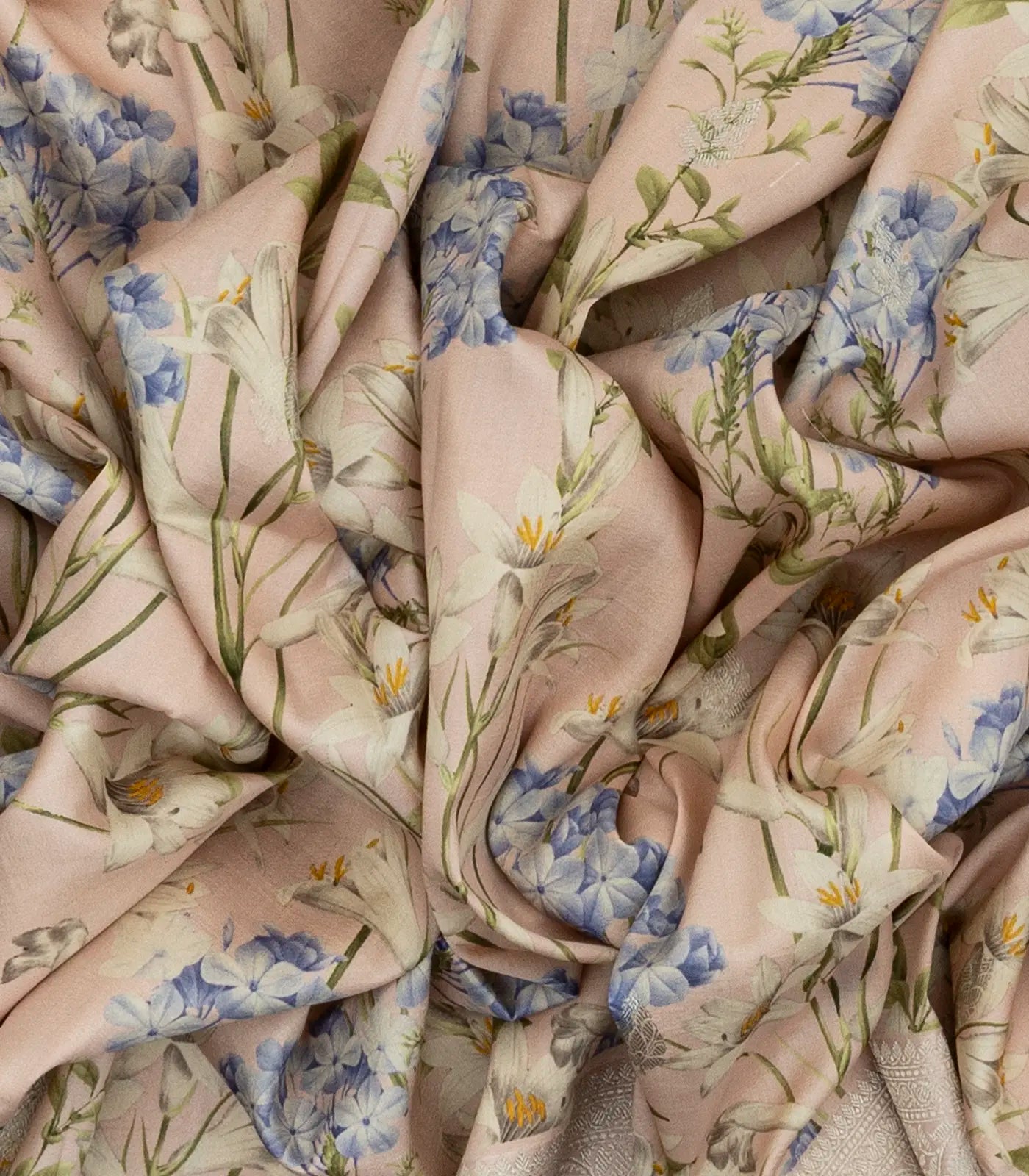 Light Peach Handloom Tussar Silk Saree With Printed Floral Motifs & Zari Border